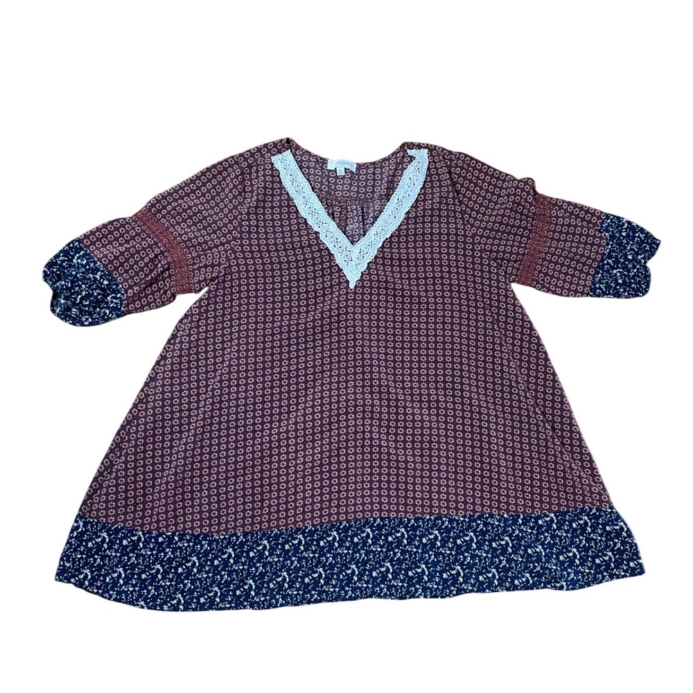 Umgee USA Boho Mixed Print Lace Trim V-Neck Tunic Blouse Rust Navy 1XL